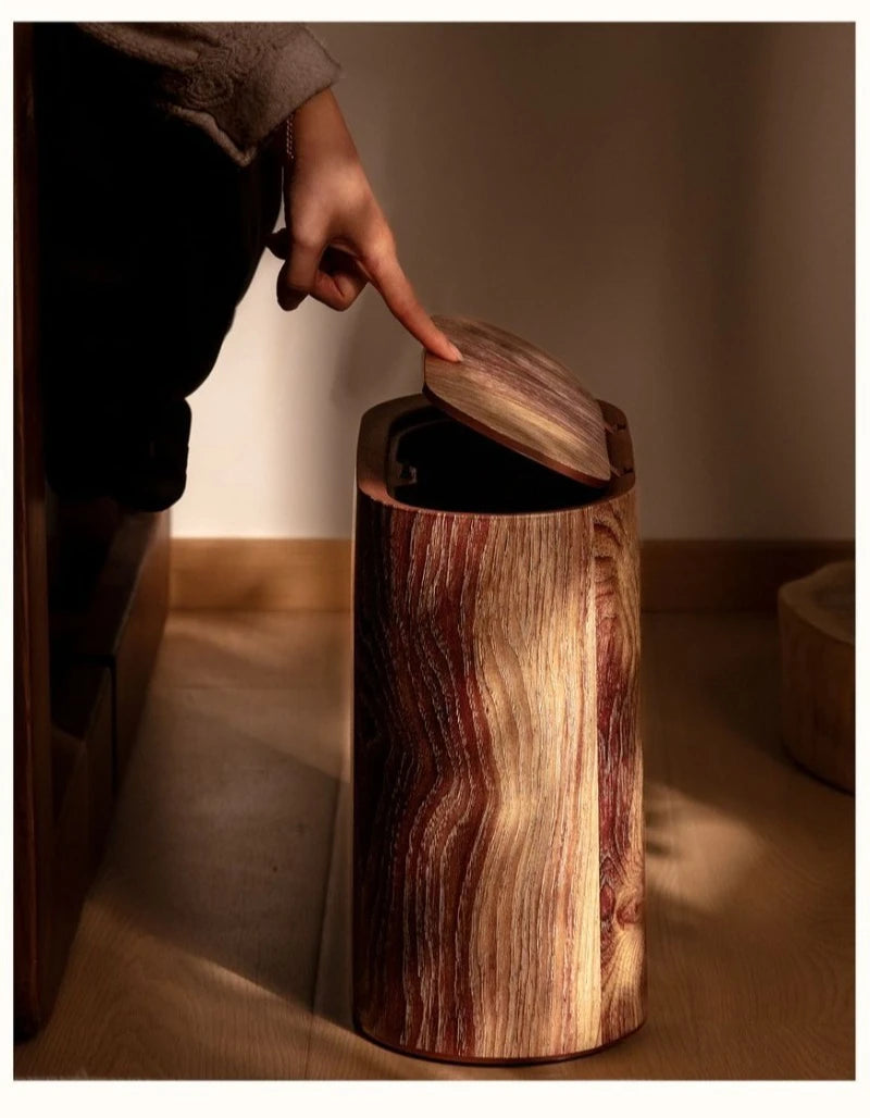 Wood Grain Trash Can with Lid Bathroom Litter Bins Large Capacity Wastebasket Living Room Toilet Retro Household Recycle Bin