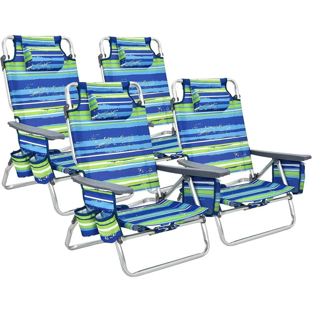 Adjustable Position Beach Chair with Pillow, Storage, Towel Bar, Cup Holders, and Backpack for Outdoor Camping