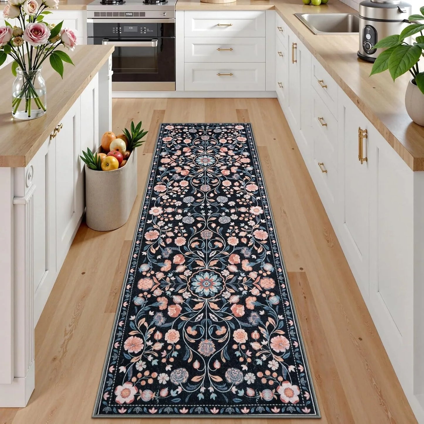 Hallway Runner rug Kitchen Carpet Non-slip Bohemian Washable Floral mat Soft Low Pile Entrance Floor Mat Laundry Room Bath Mats