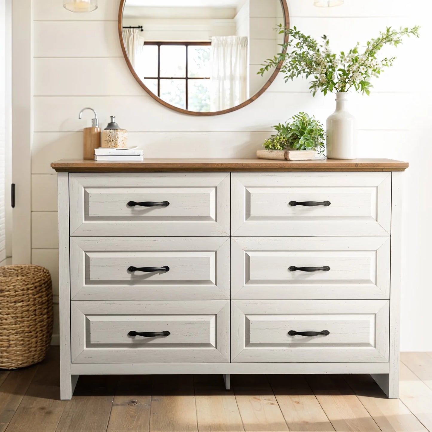Farmhouse 6 Drawer Dresser for Bedroom, 47.2 Inch Wide Wood Dresser with Natural Texture, Large Drawers, Rustic Farmhouse Chest of Drawers for Bedroom, Living Room, Hallway