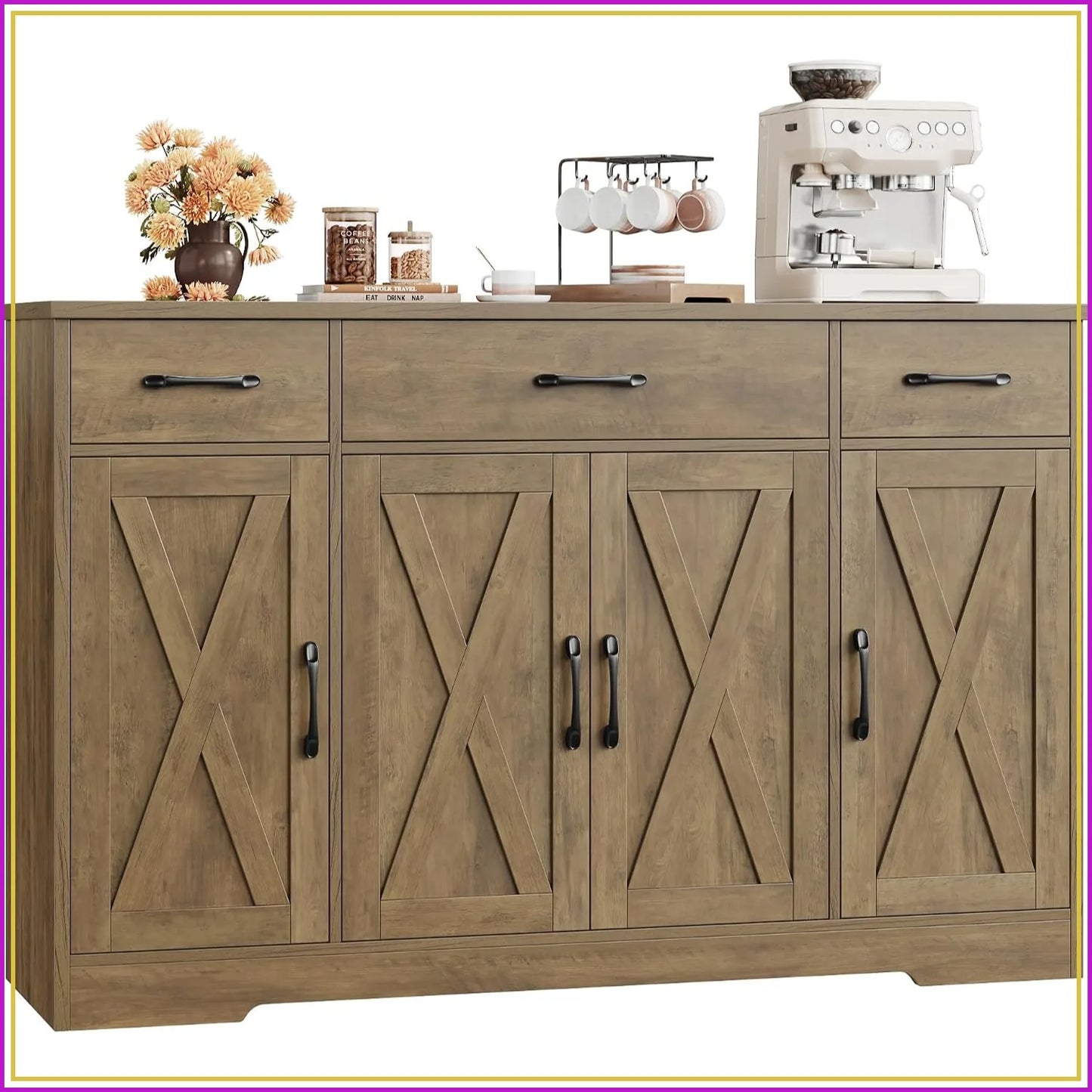 HOSTACK Kitchen Buffet Cabinet with Doors & Drawers, 55"W Farmhouse Sideboard, Adjustable Shelves
