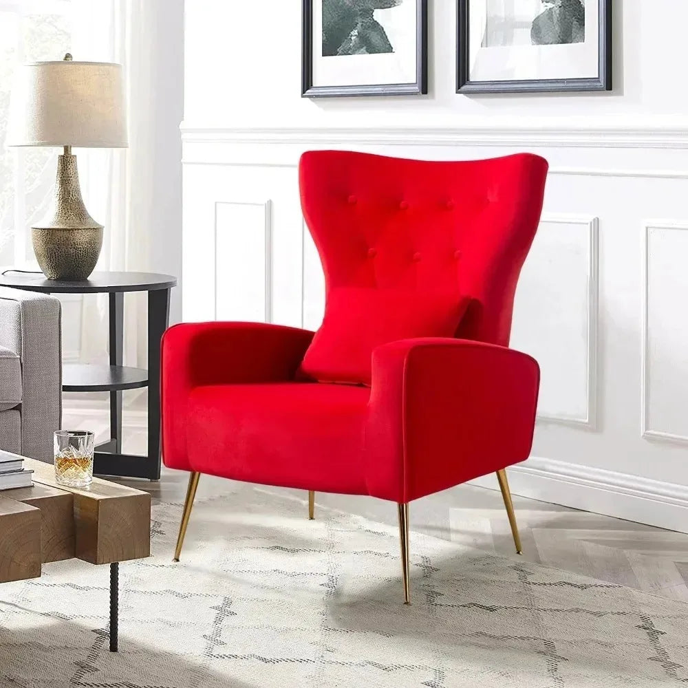 Velvet Accent Arm Chair, Mid-Century Modern Living Room Chair, Wingback Bedroom Side Chair with Gold Legs & Pillow，Customized