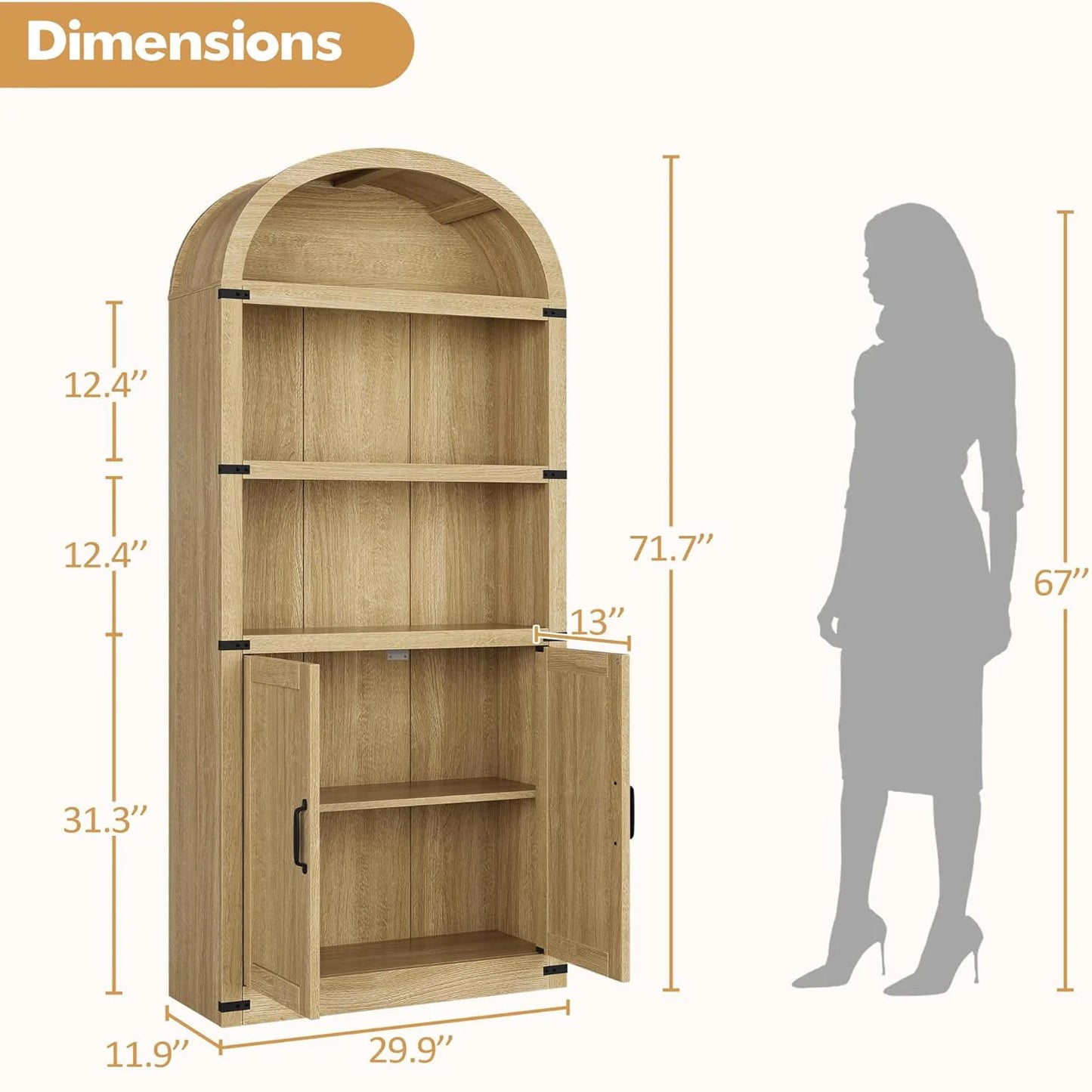 Bookcase with Doors Arched Bookshelf 71.65in Tall Bookcase Farmhouse Cabinet with Shelves Wooden Bookshelves for Home Office