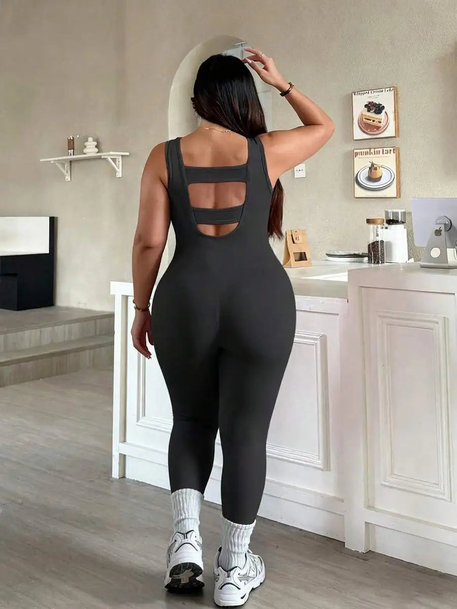 Rhythm Era 1pc Plus Size Black Backless Jumpsuit, Comfortable Stretchy Seamless Knit Yoga & Fitness Activewear