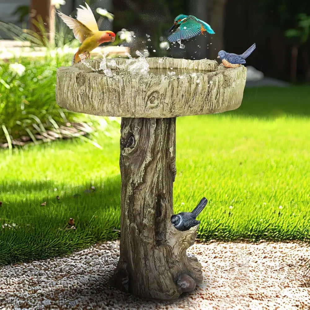 SunJet 24.4 Inch Heigh Wood-Concrete Bird Bath with Decorative aux Bird – birdbath Rustic & Long-Lasting Design, Enhances Garden