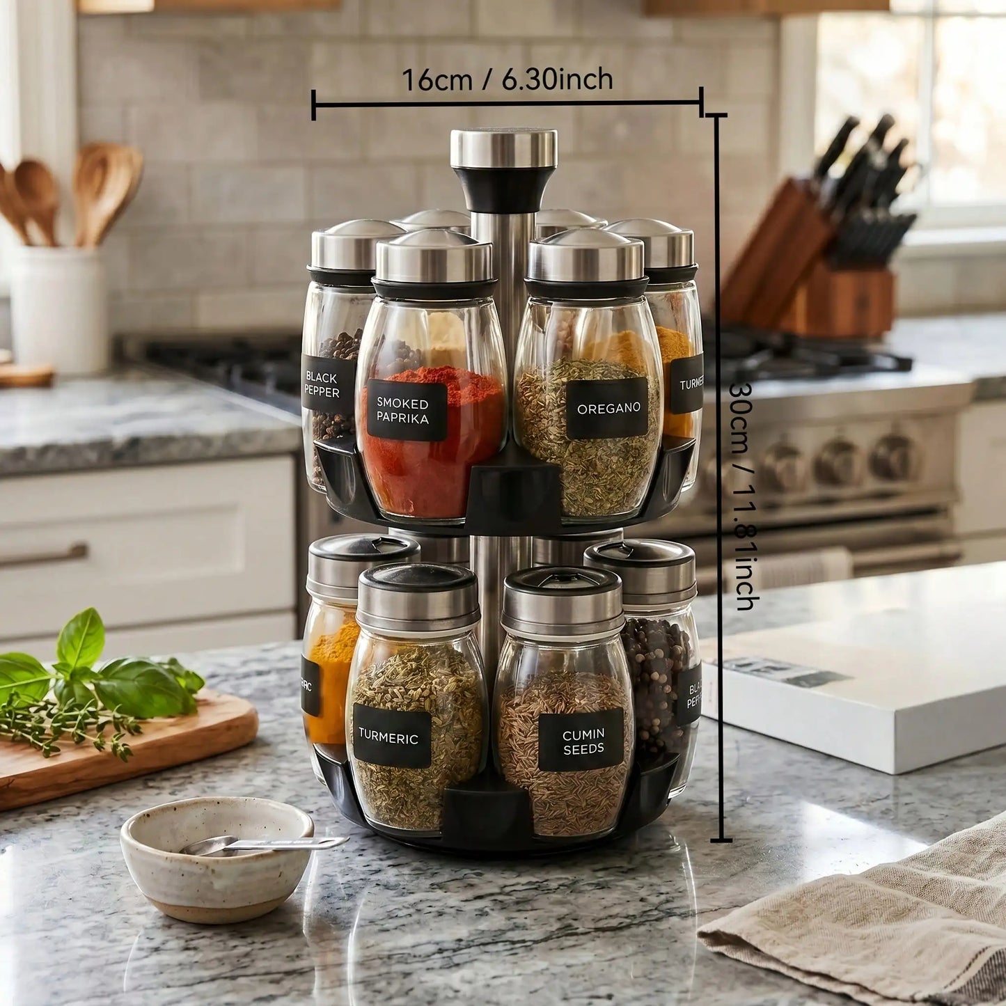 12pcs Glass Jar Set - Rotating Kitchen Spice Rack Organizer, Countertop Herb & Spice Carousel - Ideal For Kitchen Counter Accessories, Spice Organization, And Storage