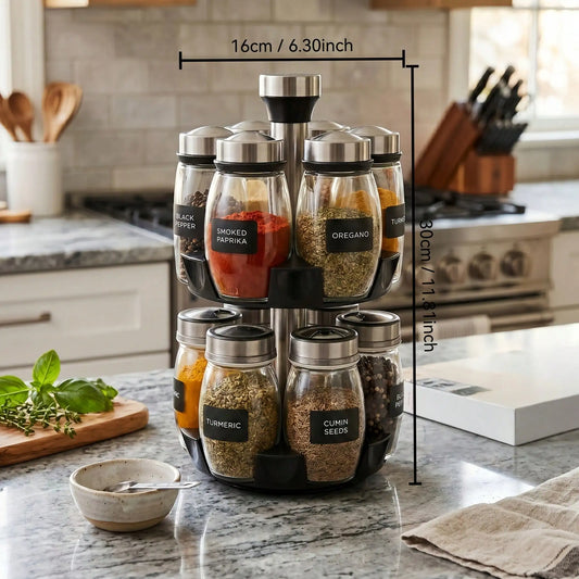 12pcs Glass Jar Set - Rotating Kitchen Spice Rack Organizer, Countertop Herb & Spice Carousel - Ideal For Kitchen Counter Accessories, Spice Organization, And Storage
