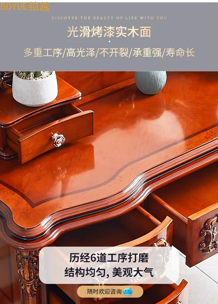 European dresser solid wood carving flower princess bedroom dressing table assembly dark retro American dressing table small apa