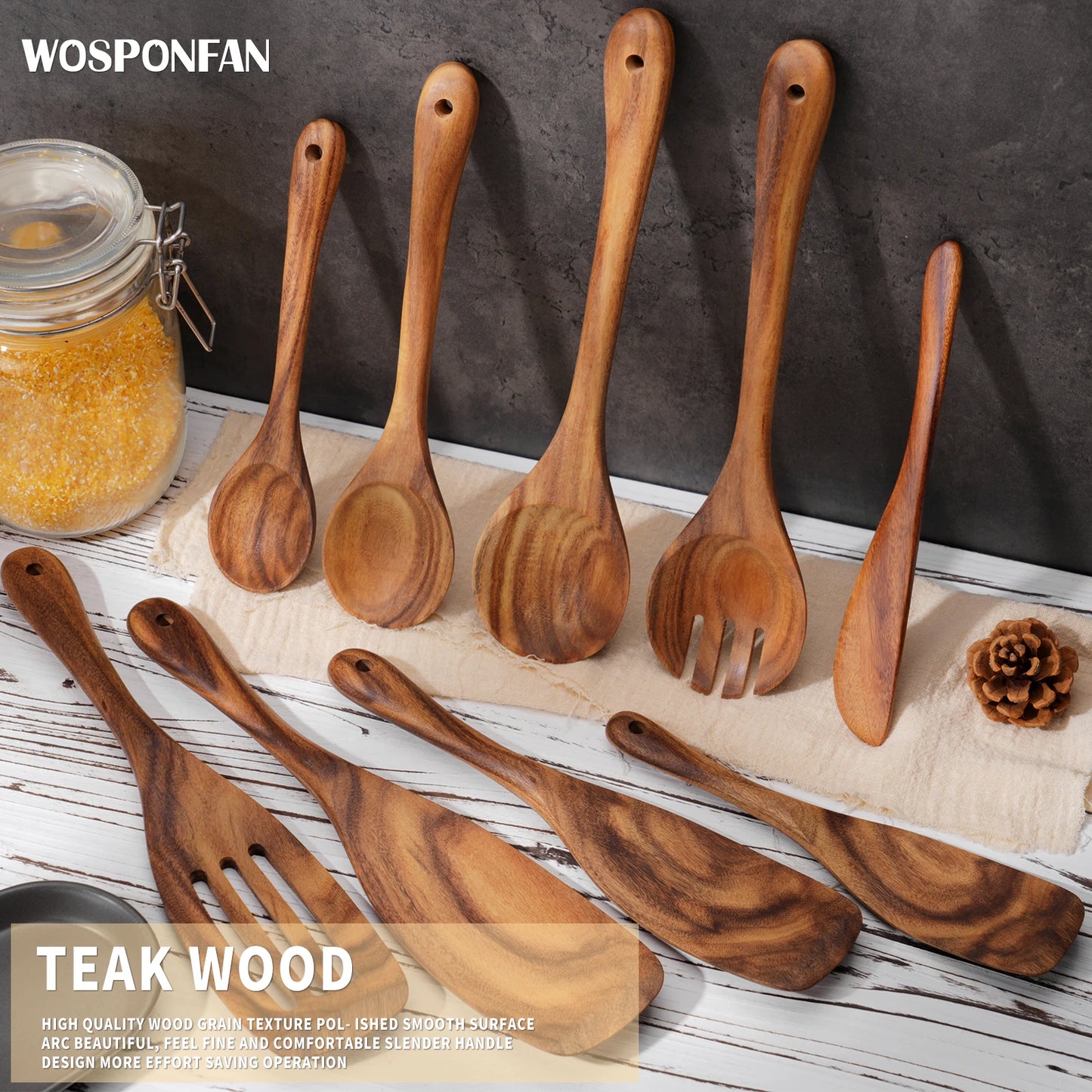 9 Pcs Kitchen Utensils Set, Handmade Wooden Spoons for Cooking