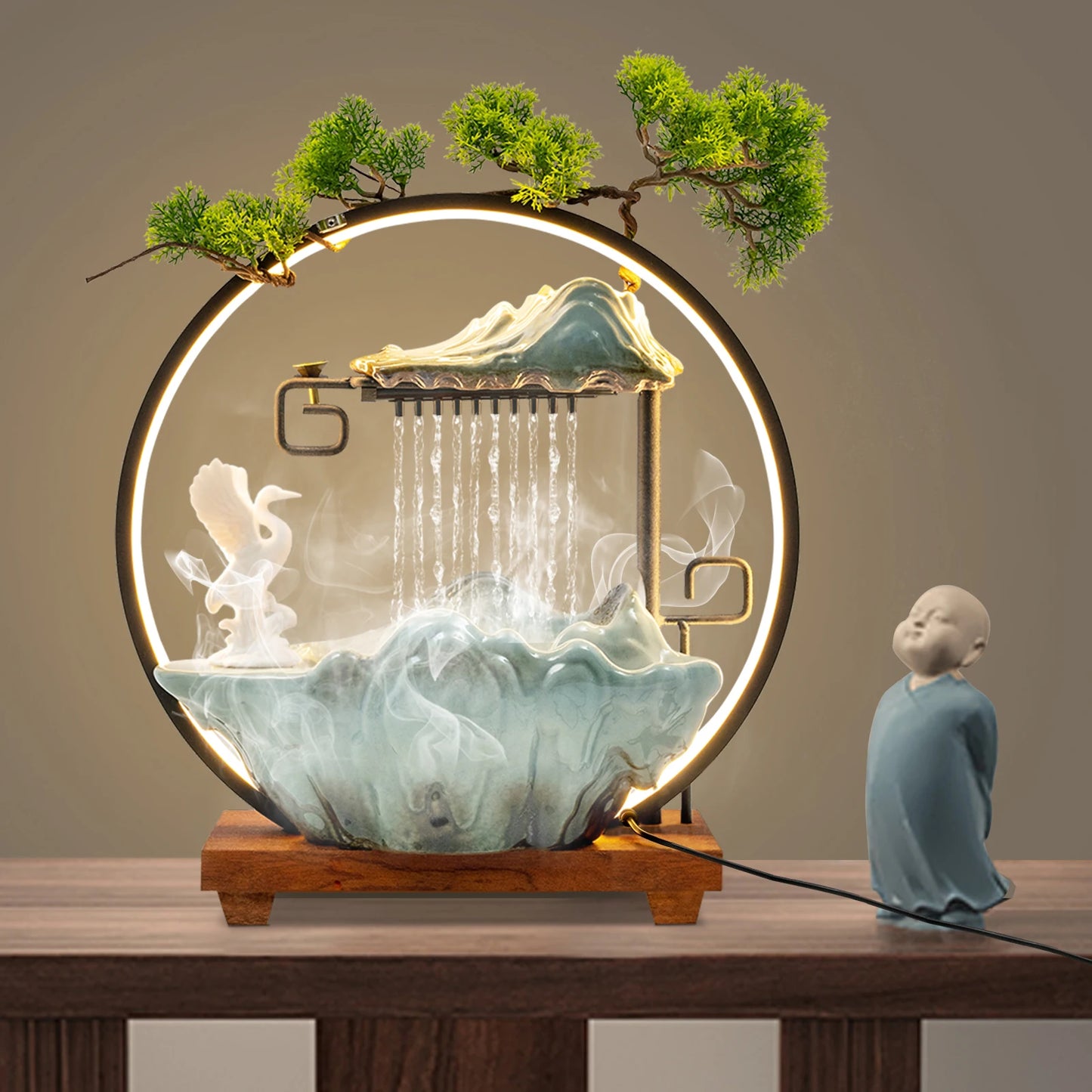 Black Manual Tabletop Water Fountain,Indoor Ceramic Waterfall with LED Light Mist Desk Fountain for Decorative Item