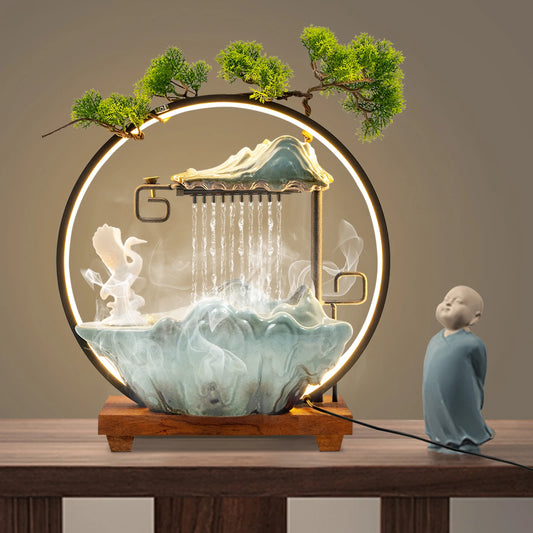 Black Manual Tabletop Water Fountain,Indoor Ceramic Waterfall with LED Light Mist Desk Fountain for Decorative Item