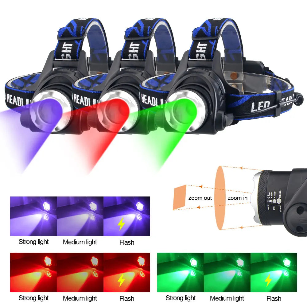 Powerful LED Headlamp Telescopic Zoomable Head Torch Outdoor Waterproof Rechargeable Fishing Camping Portable Headlight