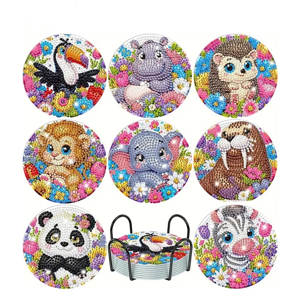 8 pieces/set animal horse pattern diamond painted coaster set with holder DIY coaster beginner coaster, craft supplies gift