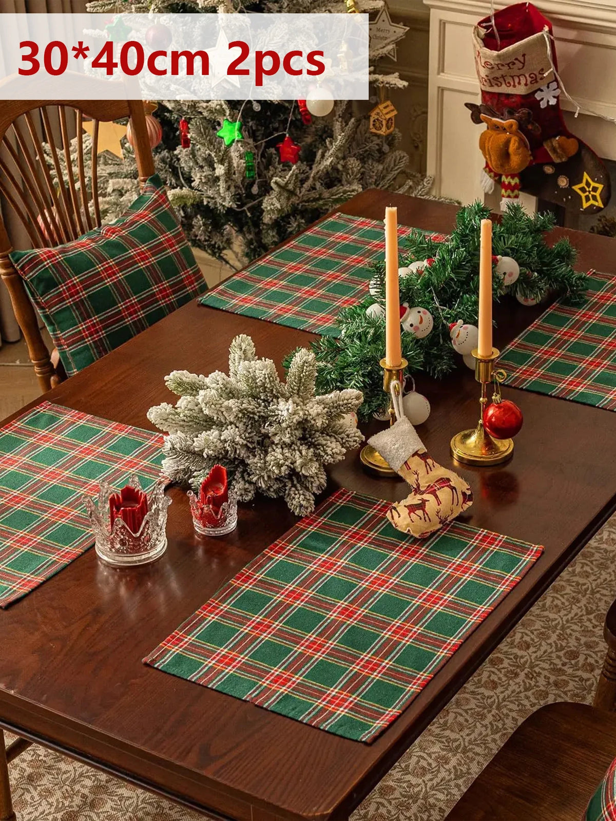 2/4/6Pcs Christmas Tartan Plaid Placemats Washable Table Mats for Holiday Dining Table Decor