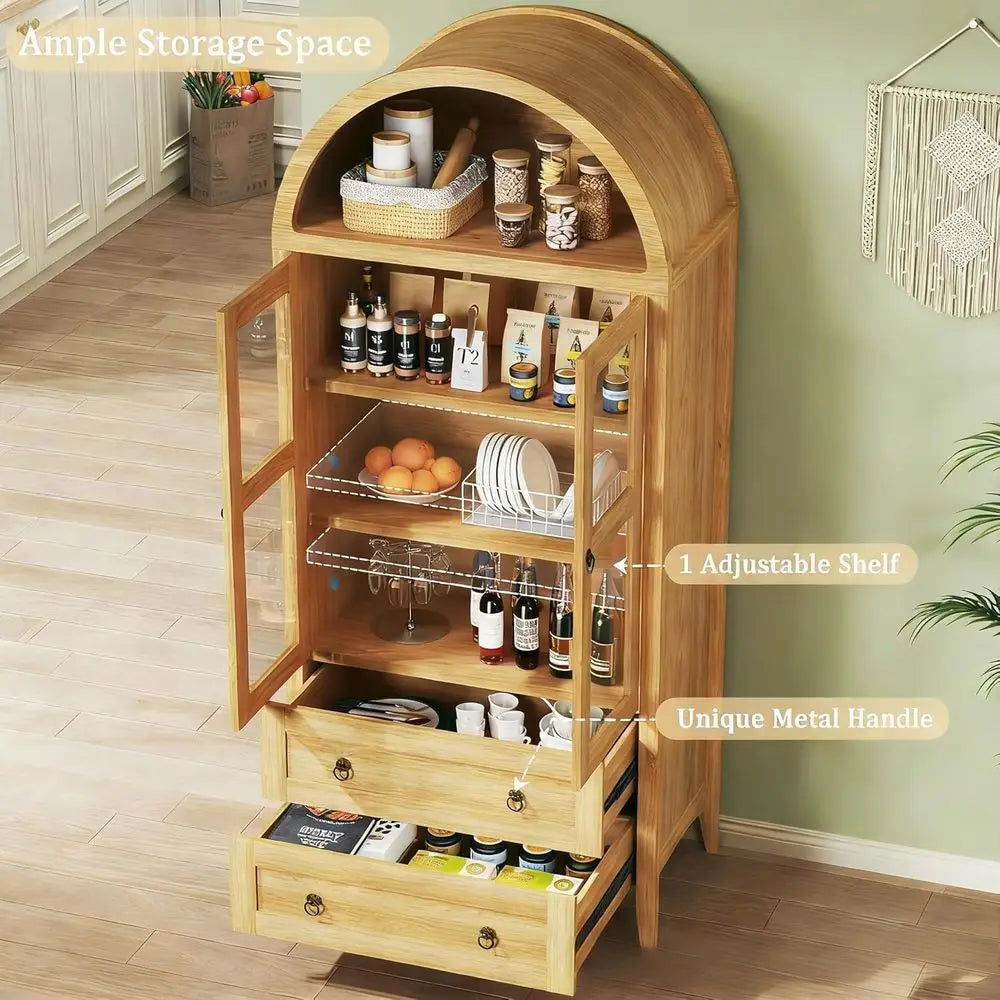 71 Tall Arched Pantry Cabinet with Glass Door, 2 Drawers, and Adjustable Shelves for Kitchen, Dining, Living Rooms