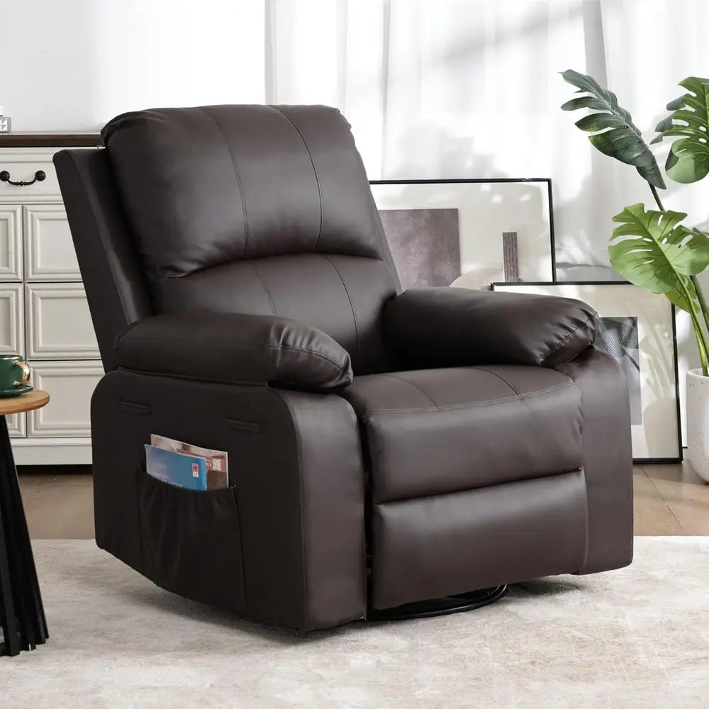 Overstuffed Leather Recliner With 360 Swivel And Pockets