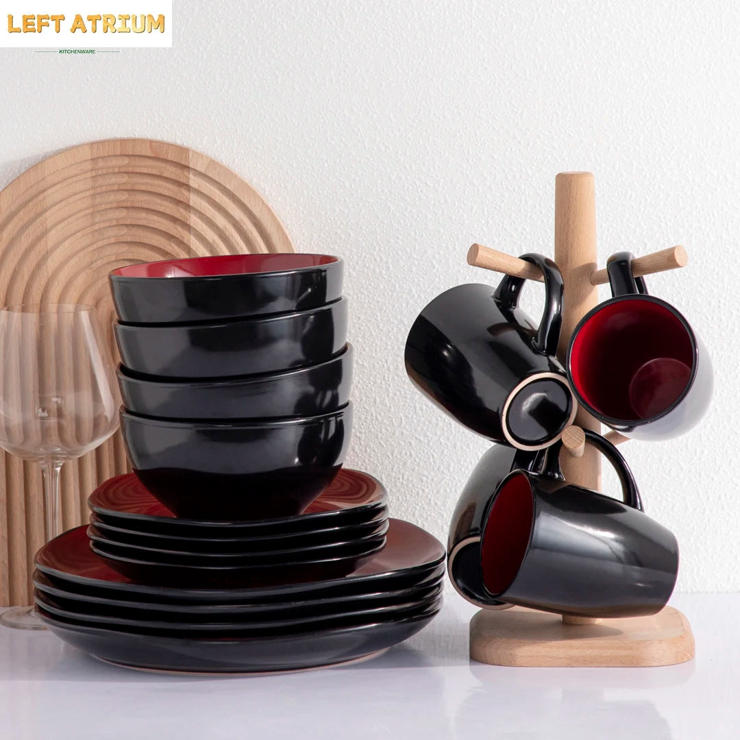 2025 Nordic Modern China Crokery Irregular 16 Pcs Glossy Red Black Modern Tableware Stoneware Ceramic Dinner Dinnerware Set