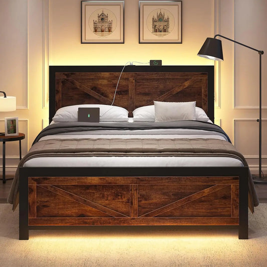 LED Bed Frame With USB Charging And Industrial Headboard