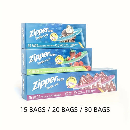 15/20/30 Double Lock Zipper Food Storage Bags - Leak Proof Thickened Reusable Freshness Bag, Suitable for Refrigerator Storage