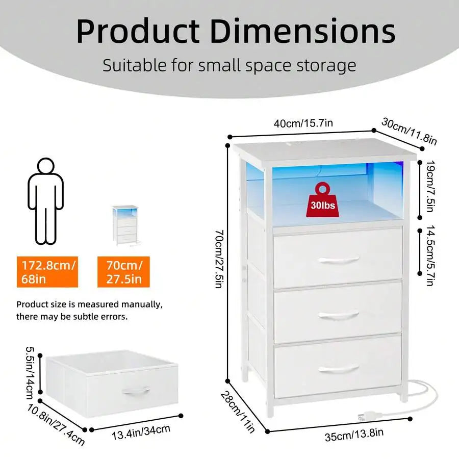 Tomnk Kids LED Dresser Nightstand With Charging Station, 3 Fabric Drawers USB Ports & Outlet, Aesthetic LED Nightstand For Kids Bedroom Decor With Cozy Glow, Modern Black/White