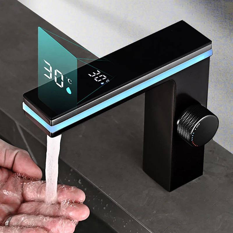 Smart LED Brass Deck Mounted Basin Faucet With Display