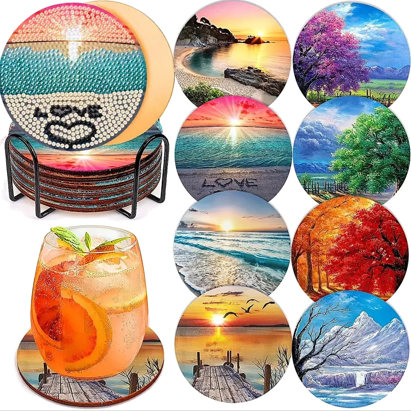 8 pieces/set animal horse pattern diamond painted coaster set with holder DIY coaster beginner coaster, craft supplies gift