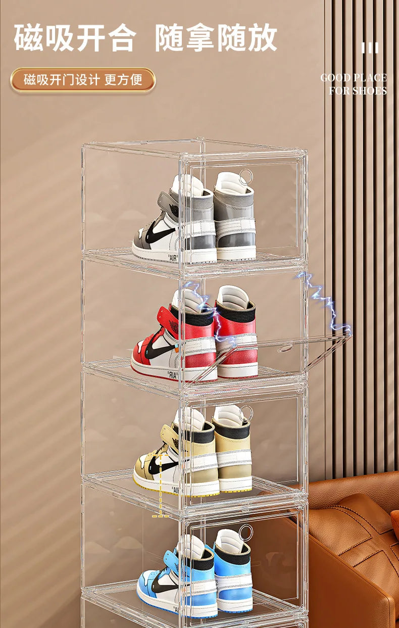 Large AJ Sneaker Organizer Box Thickened Transparent Shoe Box with Magnetic Closure Stackable Multi-Layer Shoe Storage Organizer
