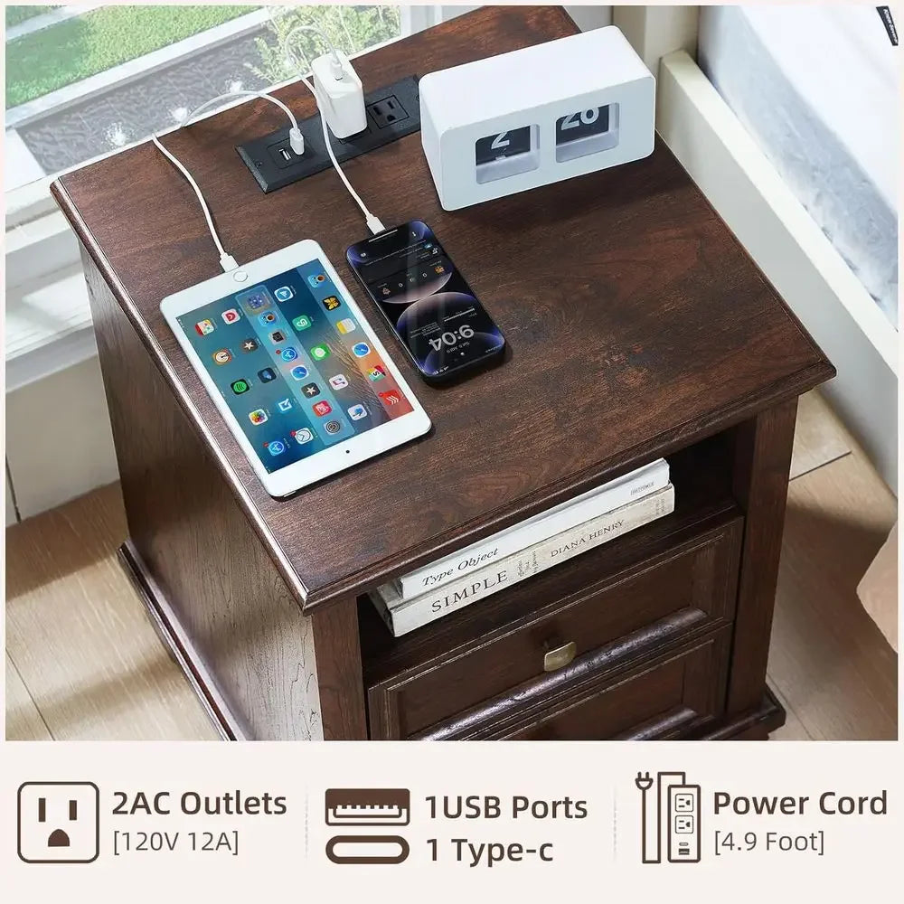 armhouse Nightstand Set o 2 with Charging Station, Rustic Brown Nightstand, 2 Ders End Table, Bede Table with Open Shel or Bedro