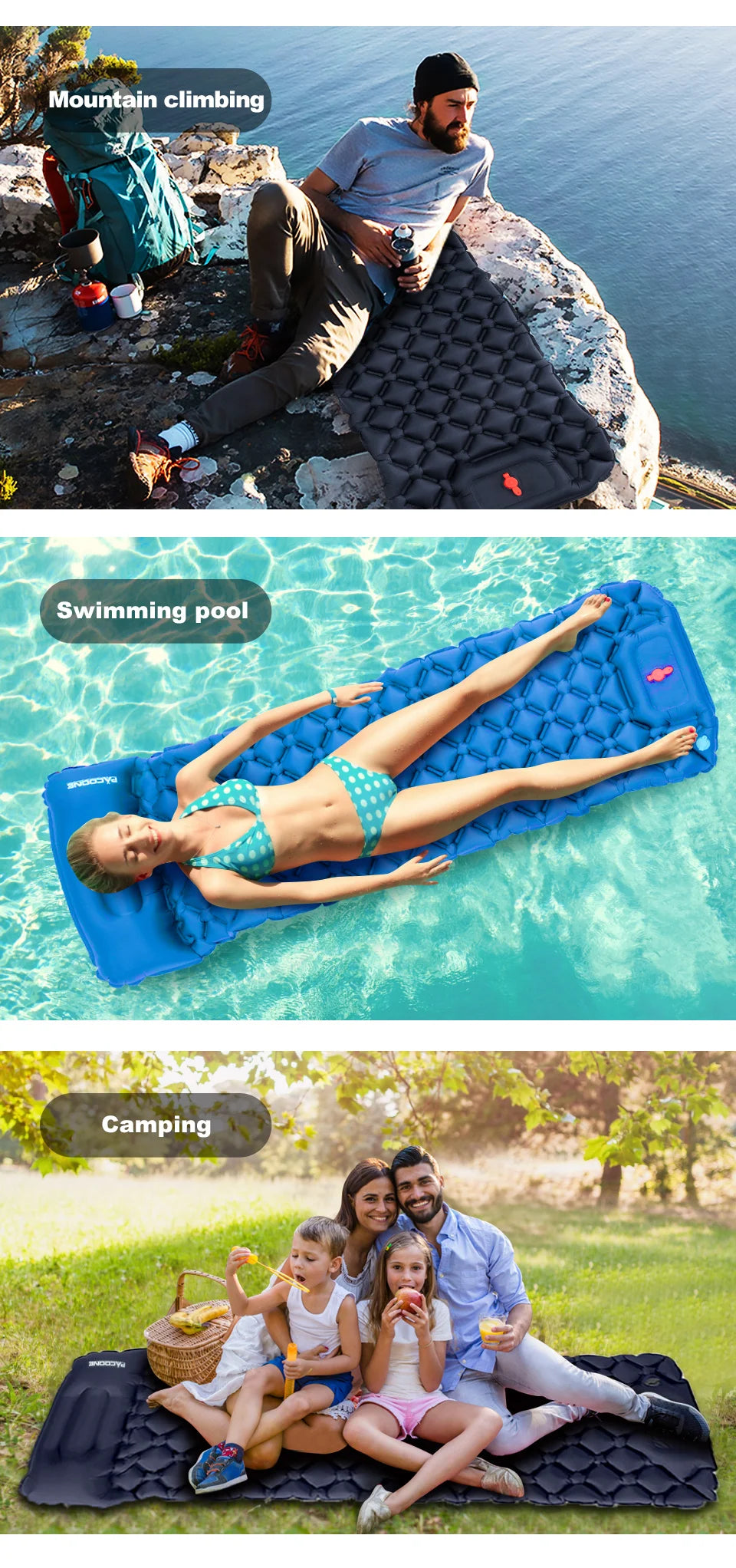 PACOONE Outdoor Sleeping Pad Camping Inflatable Mattress Built-in Pump Ultralight Air Cushion Travel Mat With Headrest For Trave