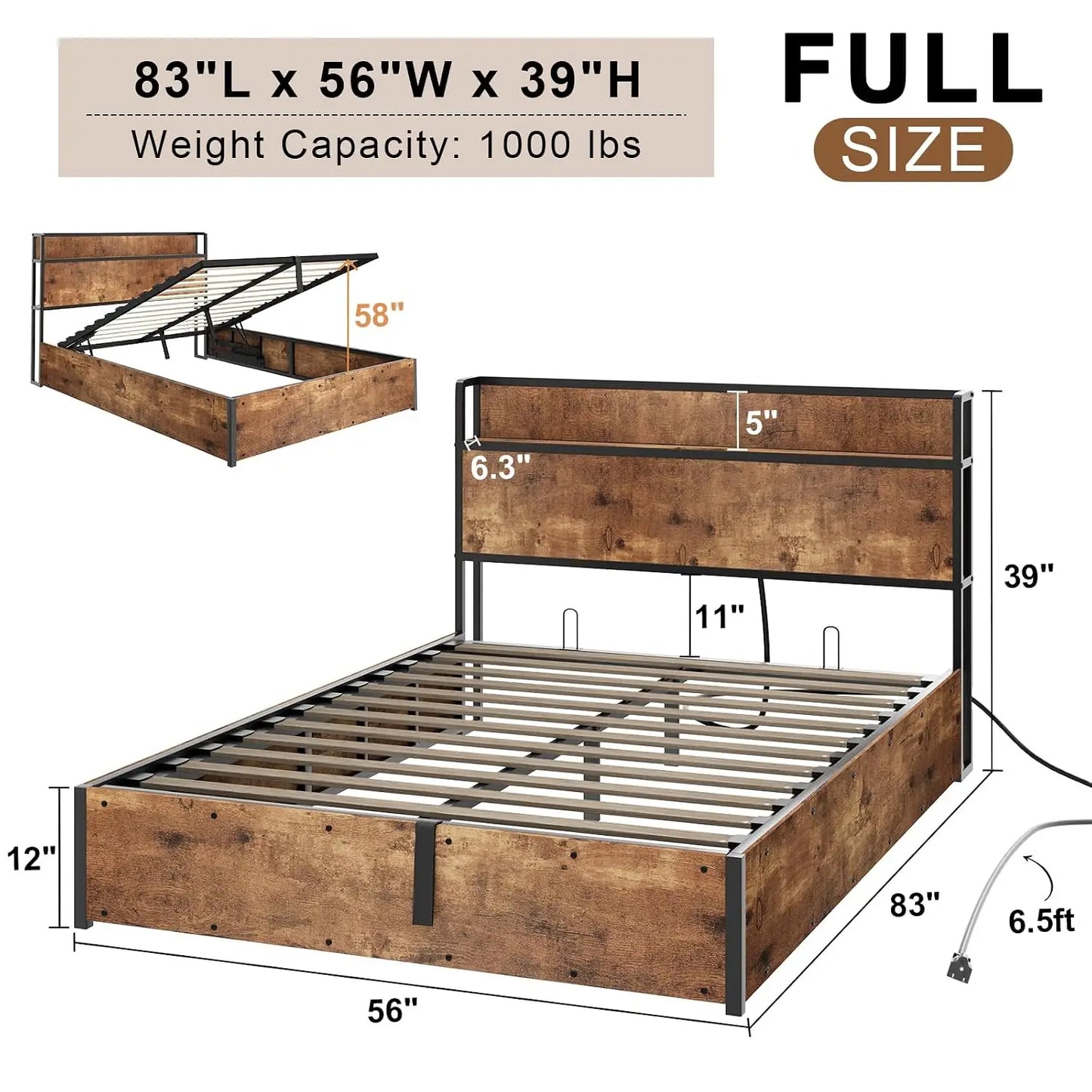 Full Size Lift Up Storage Bed Frame with Charging Station, Custom