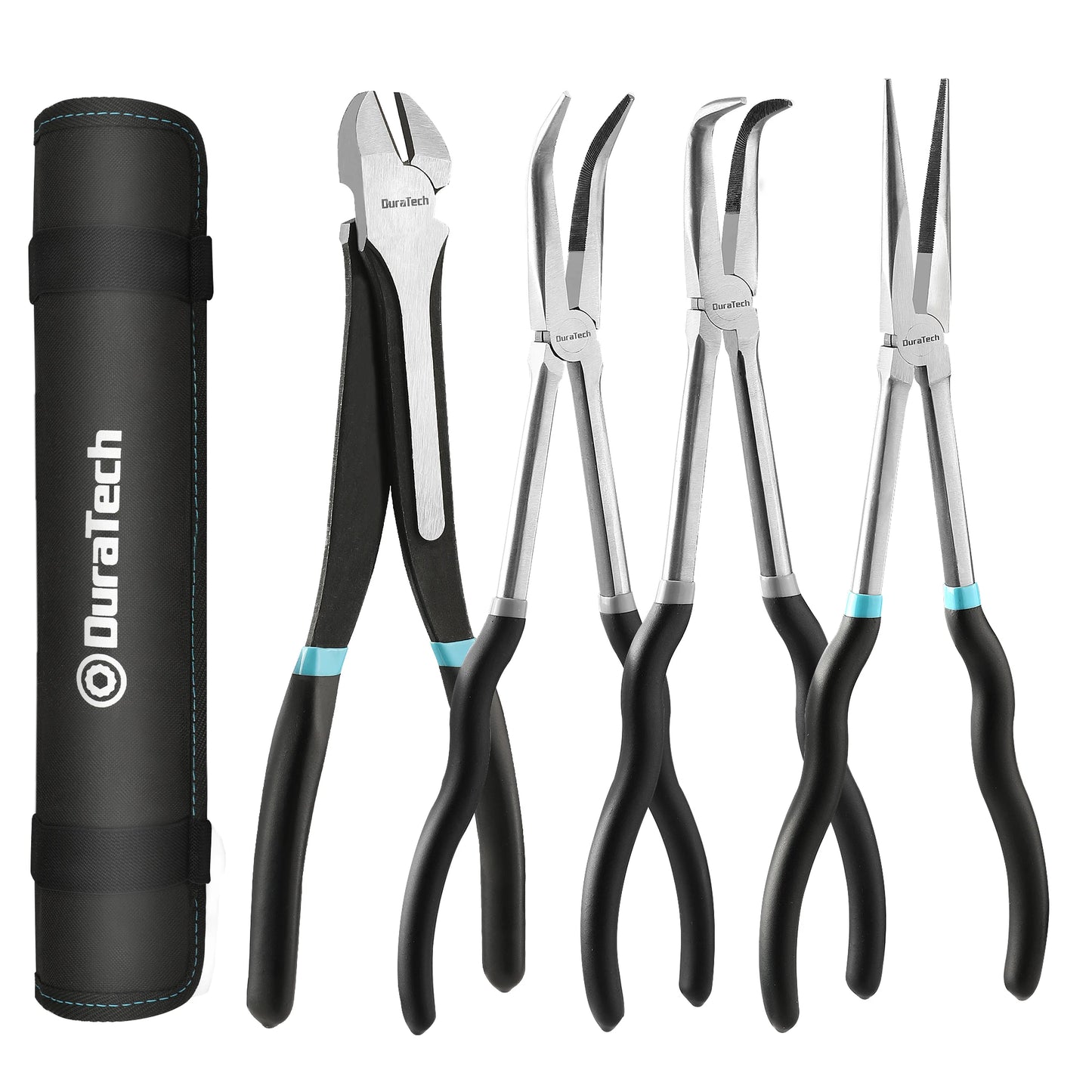 DURATECH 4 PCS Extra Long Needle Nose Pliers Set, Premium CRV Steel, 11" Long Reach Straight Pliers, 90° Bent Nose Pliers, 45°Be