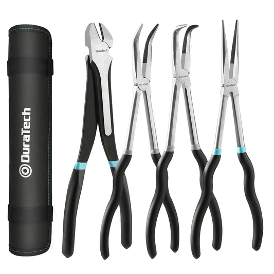 DURATECH 4 PCS Extra Long Needle Nose Pliers Set, Premium CRV Steel, 11" Long Reach Straight Pliers, 90° Bent Nose Pliers, 45°Be