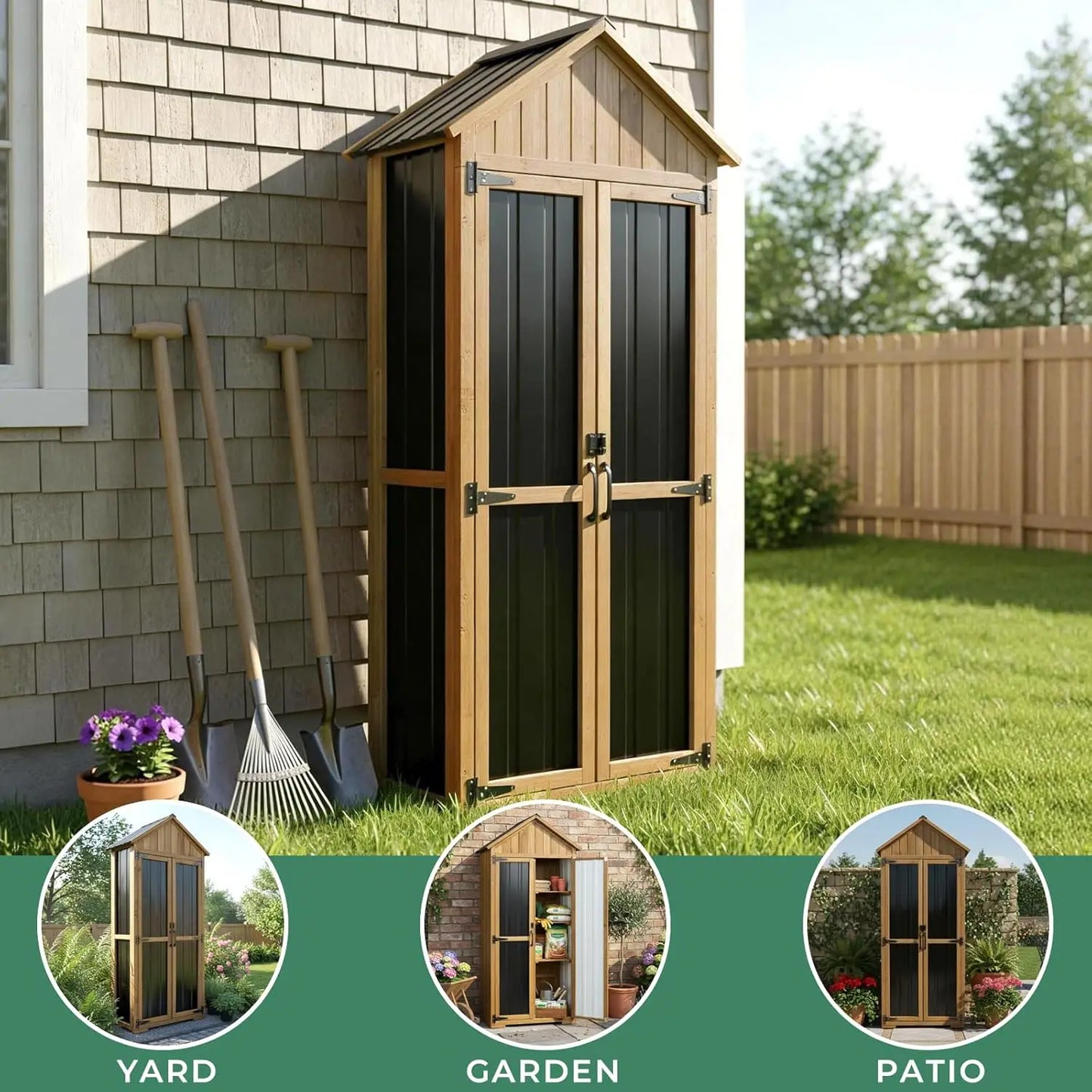 Wood & Metal Outdoor Storage Cabinet with Lockable Doors & Sloping Roof for Patio Backyard Garden Tool, Brown, Custom