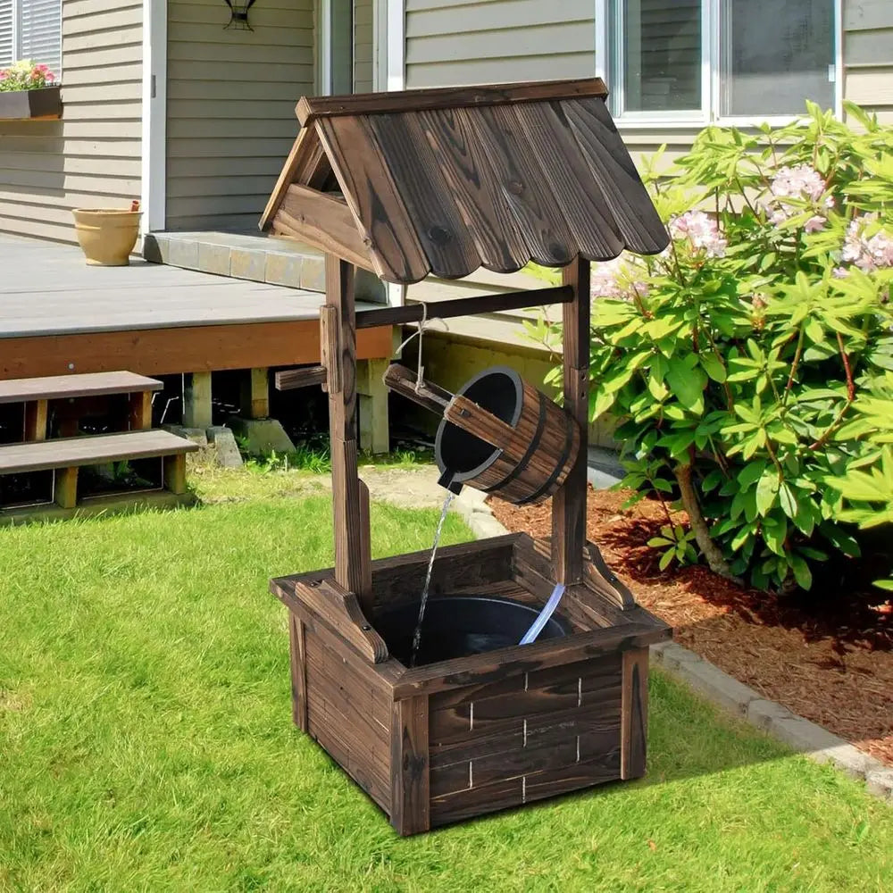 Outdoor Wooden Wishing Well Fountain with Adjustable Water Flow Rate, Outdoor Rustic Waterfall with Electric Pump, Water Bucket,