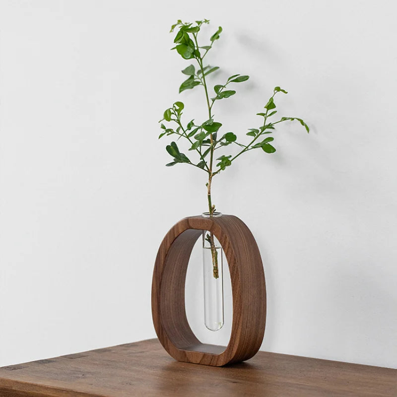 Premium Solid Wood Floral Vase With Glass Plant Insert