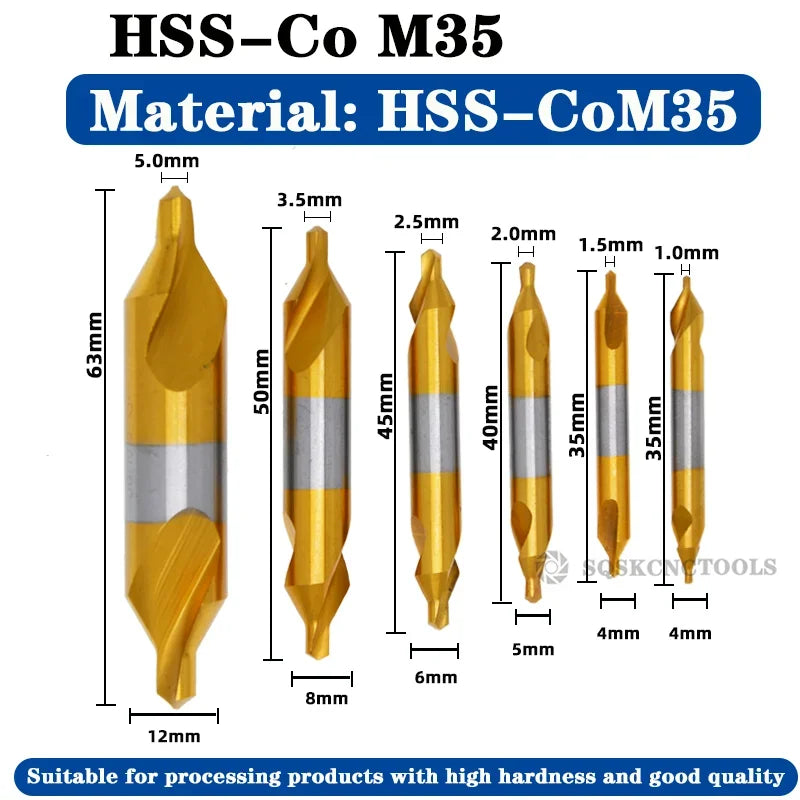 HSS Combined Center Drills Ti-Coated 60 Degree Countersinks Angle Bit Set 6pcs 1.0-5mm Metal Centering Dril Bit Lathe W6542 M35