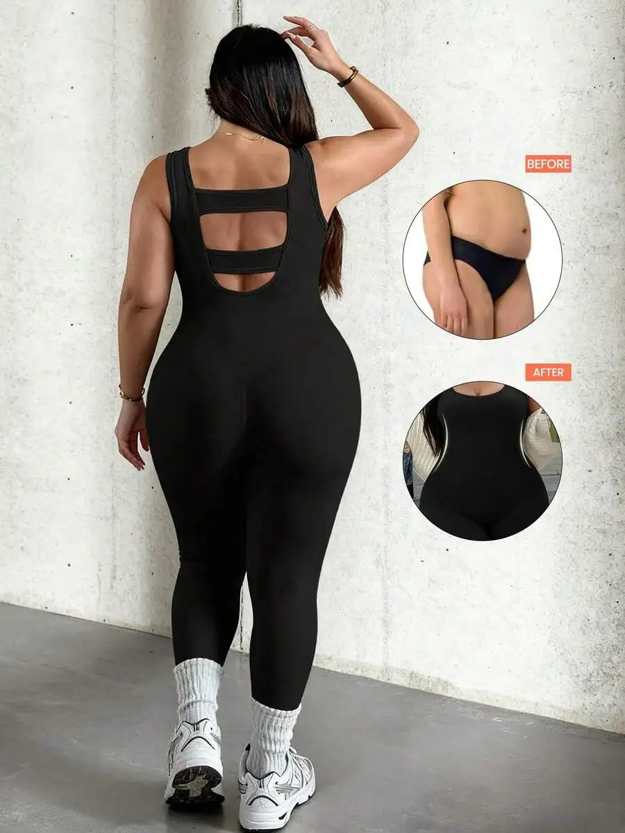 Rhythm Era 1pc Plus Size Black Backless Jumpsuit, Comfortable Stretchy Seamless Knit Yoga & Fitness Activewear