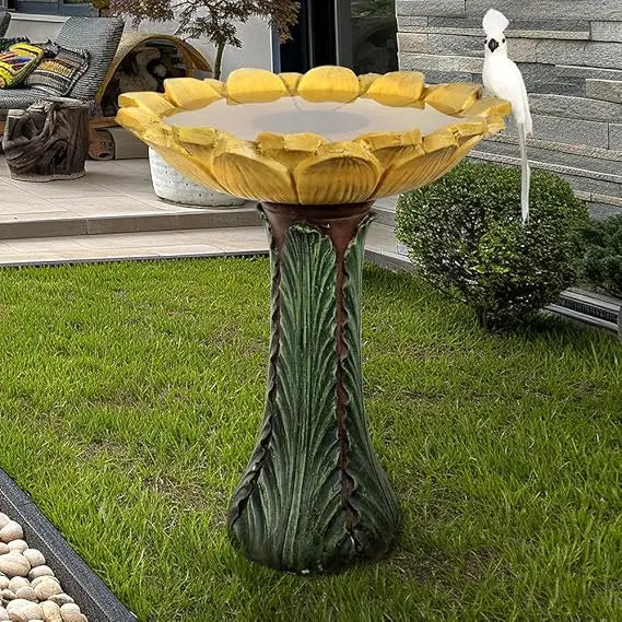 24.4” Tall Outdoor Concrete Bird Bath - Sunflower Birdbath Bowl with Green Leaf Pedestal for Garden, Patio, Lawn