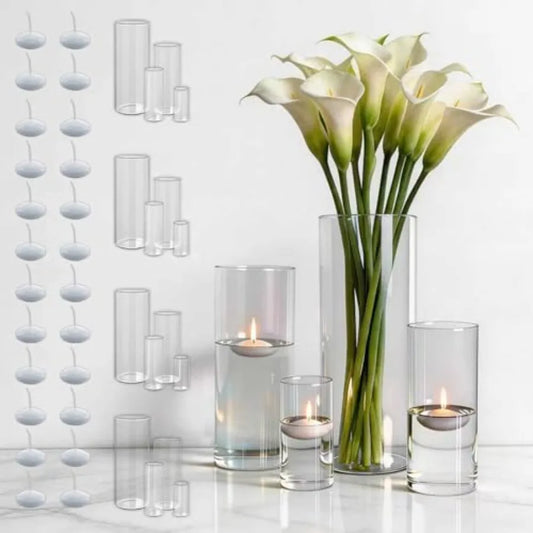 Wedding centerpiece vases: clear glass cylinder hurricane holders, 4/6/8/10 inch, 16-pack with 24 floating candles, elegant tra