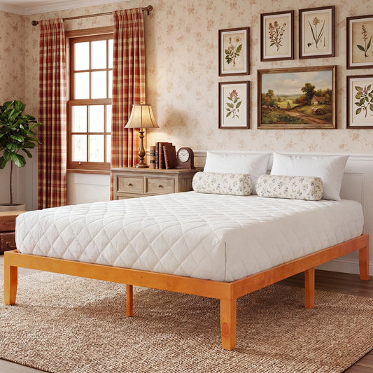 MCQ 14 Inch Thick Solid Wood Bed Frame 700 lbs Capacity Platform Bedframe with Wooden Slats Support Noise-Free No Box Spring Needed Easy Assembly