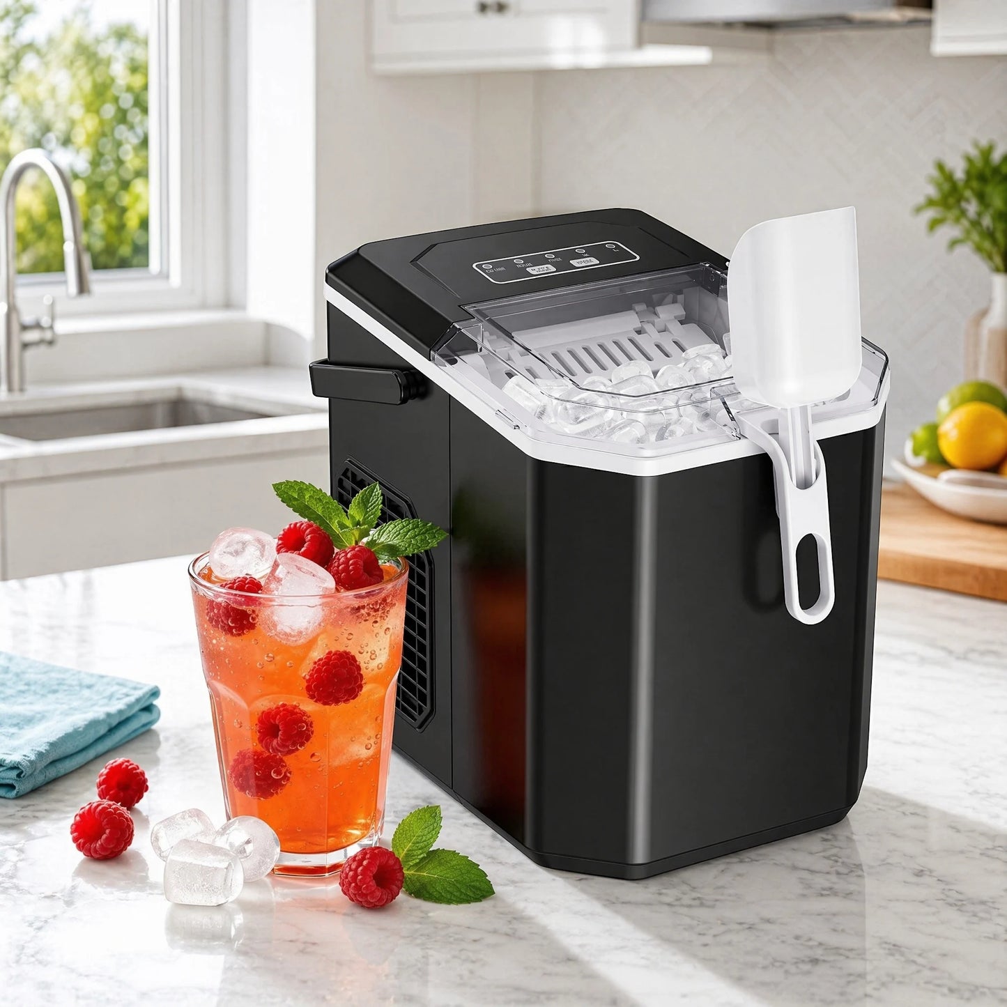 Ice Maker Countertop Machine with Handle, 26lbs in 24h, 9 Ice Cubes Ready in 6 Mins, Self-Cleaning Ice Makers with Basket and Scoop, Ideal for Home, Kitchen, Camping, RV