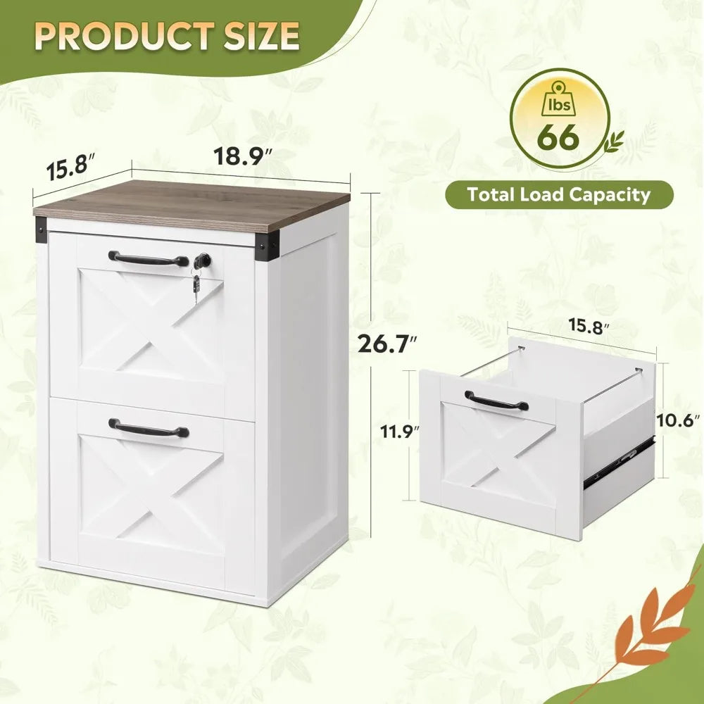 2 Drawer File Cabinet with Lock, Wood Farmhouse Filing Cabinet for Home Office, Printer Stand Fits Letter and A4 Size