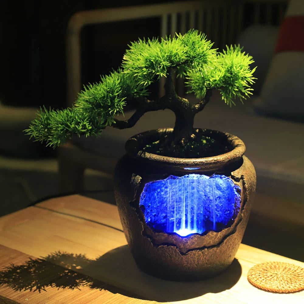Desktop Fountain Relaxation Waterfall Feature Indoor Fountain with LED Light Feng Shui Zen Ornament Home Art Decor