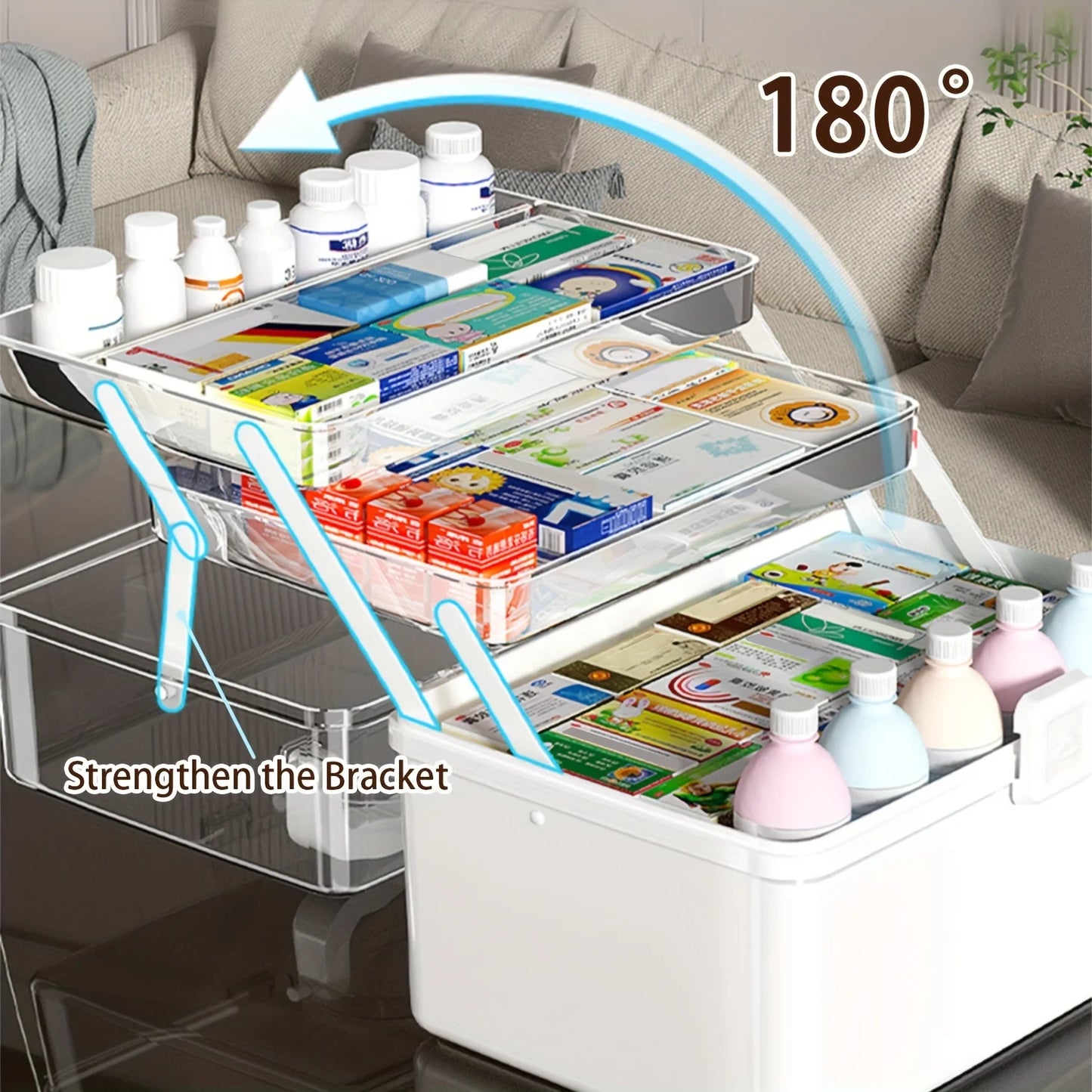 Three-layer large-capacity household medicine box, multi-functional storage box, foldable toolbox, art handicraft storage box