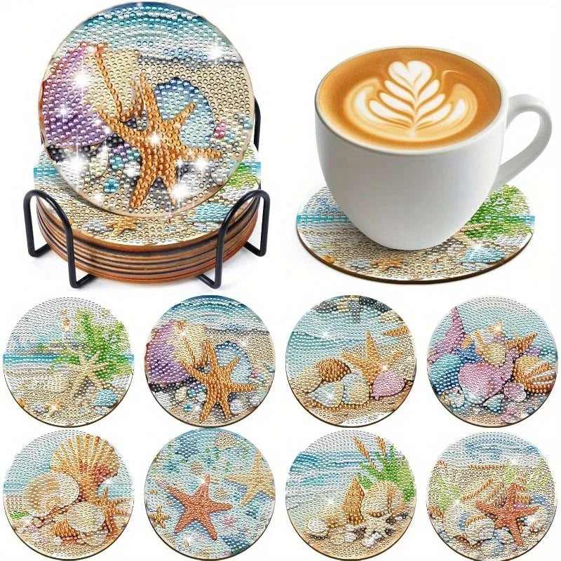 8 pieces/set of dog, beach, lighthouse pattern diamond painted coaster set, sparkling rhinestone heat-resistant beverage mat wit