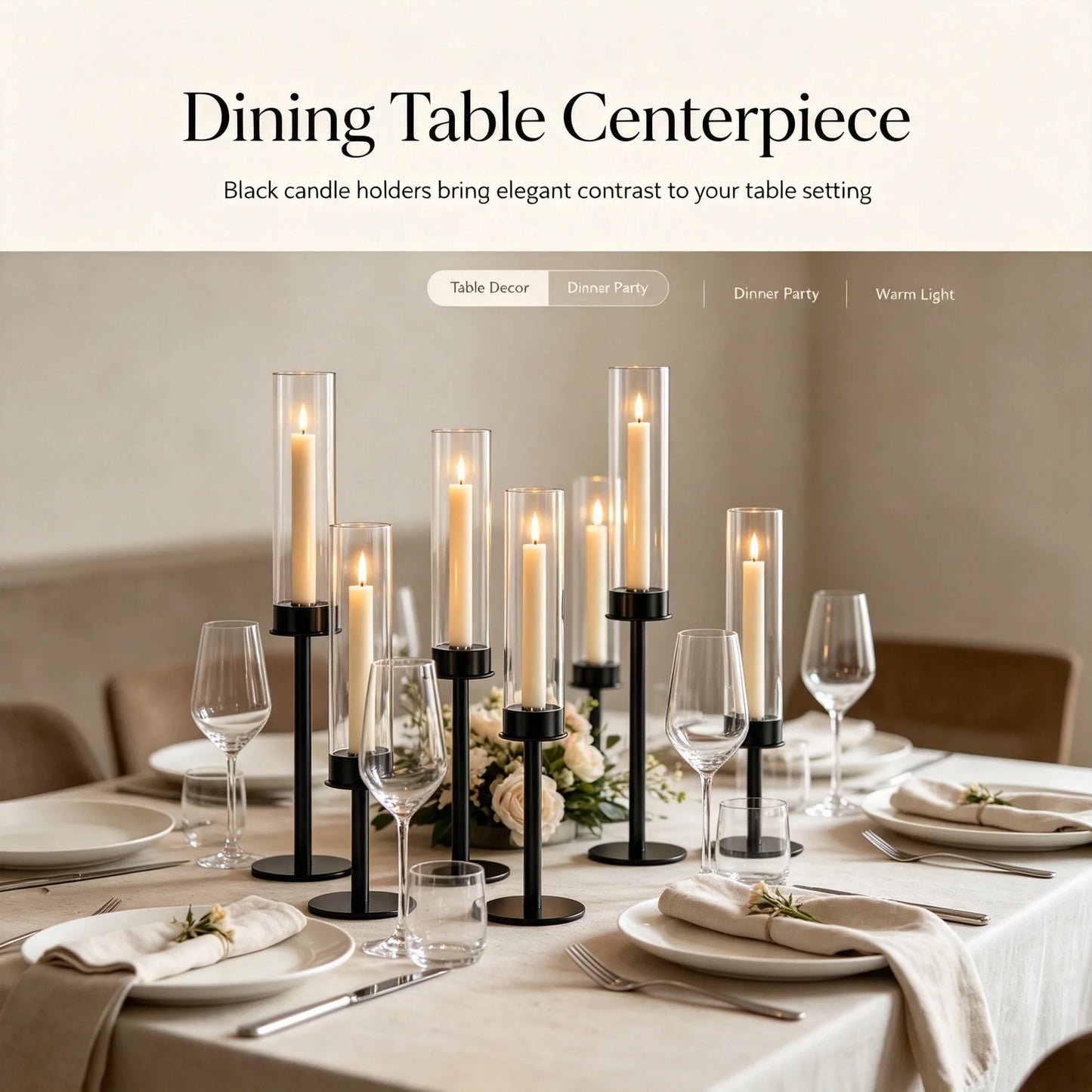 3pcs Black Minimalist Hurricane Candle Holder Set with Stable Base Modern Table Ornament for Dining Table Wedding Indoor Decorat