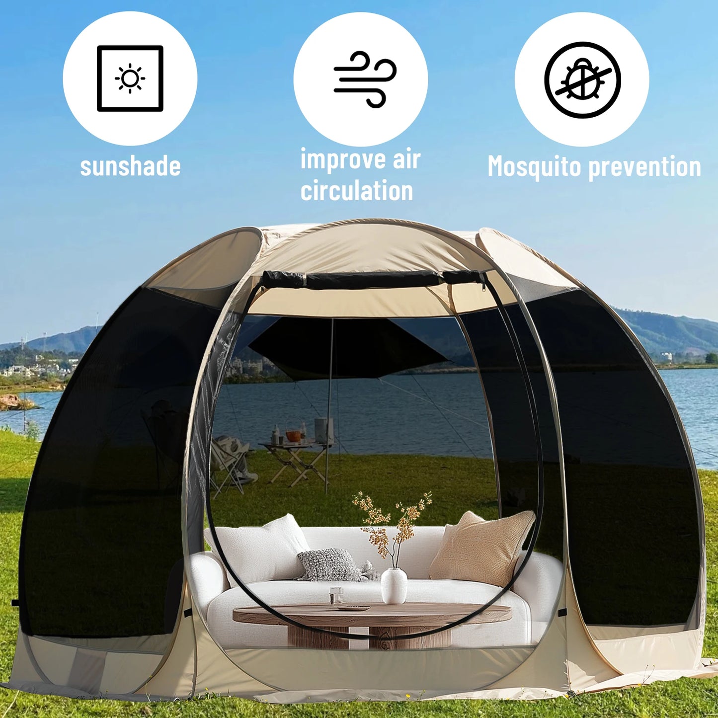Large Family Pop-Up Shelter - 6-8 Person Sun Canopy with Full Mesh Walls, Camping & Garden Tent