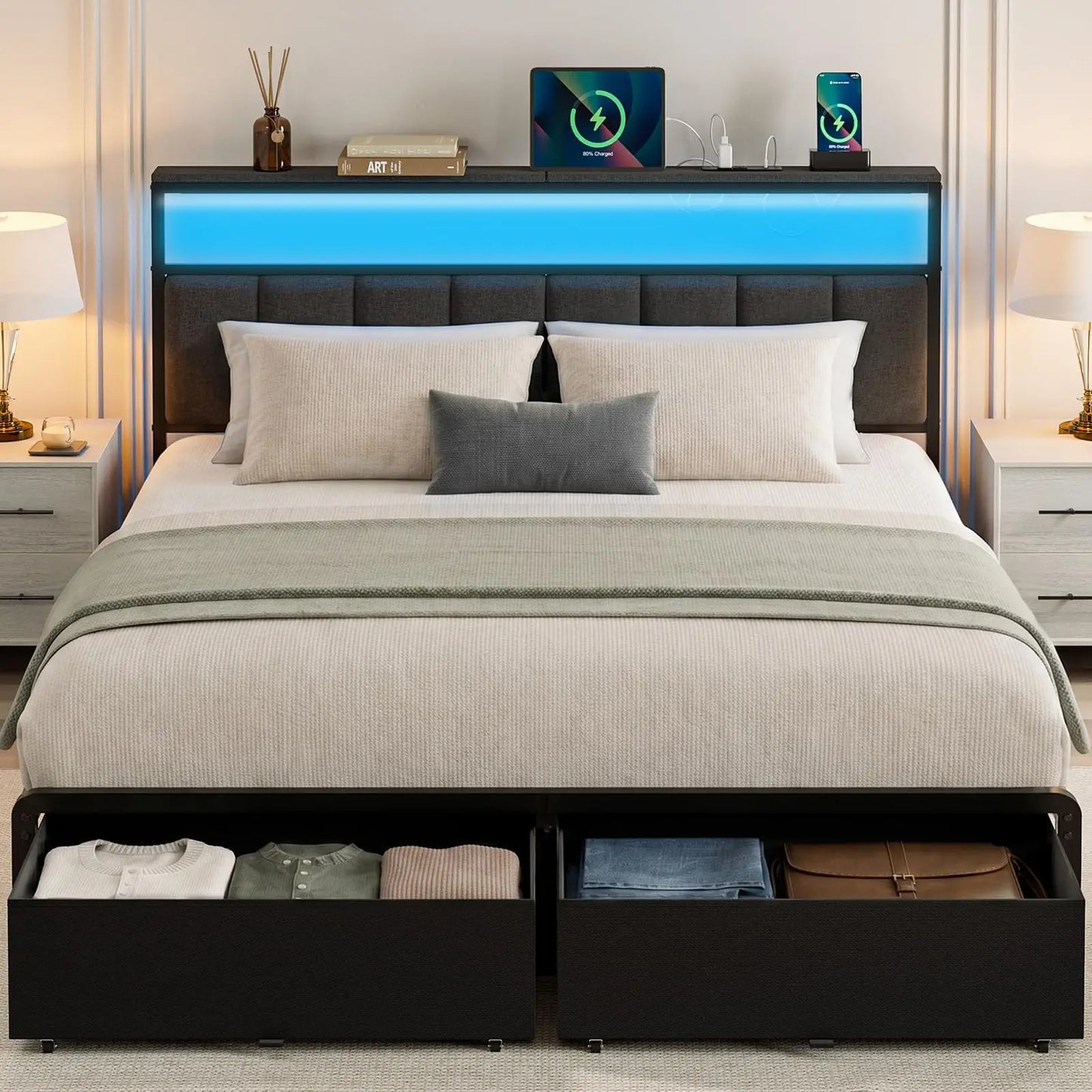 Luxury Upholstered Bed Frame With Spacious Storage Drawers