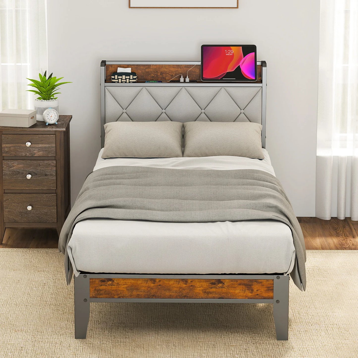 MCQ Twin Size Metal Bed Frame with Storage Headboard No Box Spring Needed Easy Assembly Durable Squeak-Free Frame With USB Charging Station For Home Bedroom