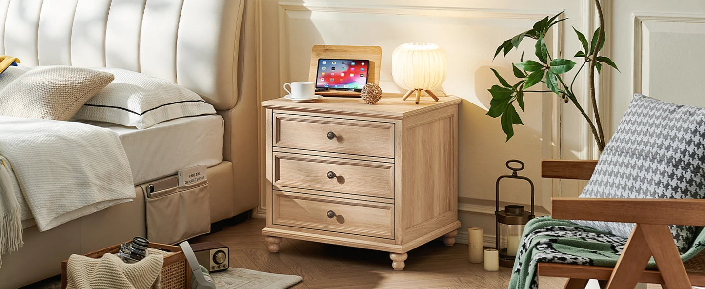 2 Pack Farmhouse 3 Drawer Bedside Cabinet, Wooden End Night Table With Metal Handles 24"W For Indoor Storage